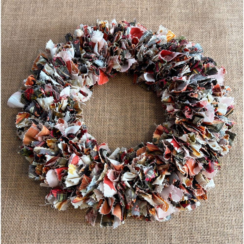 Cottagecore Handmade Fabric Rag Wreath Autumn Harvest Plaid Rustic Decor 14"